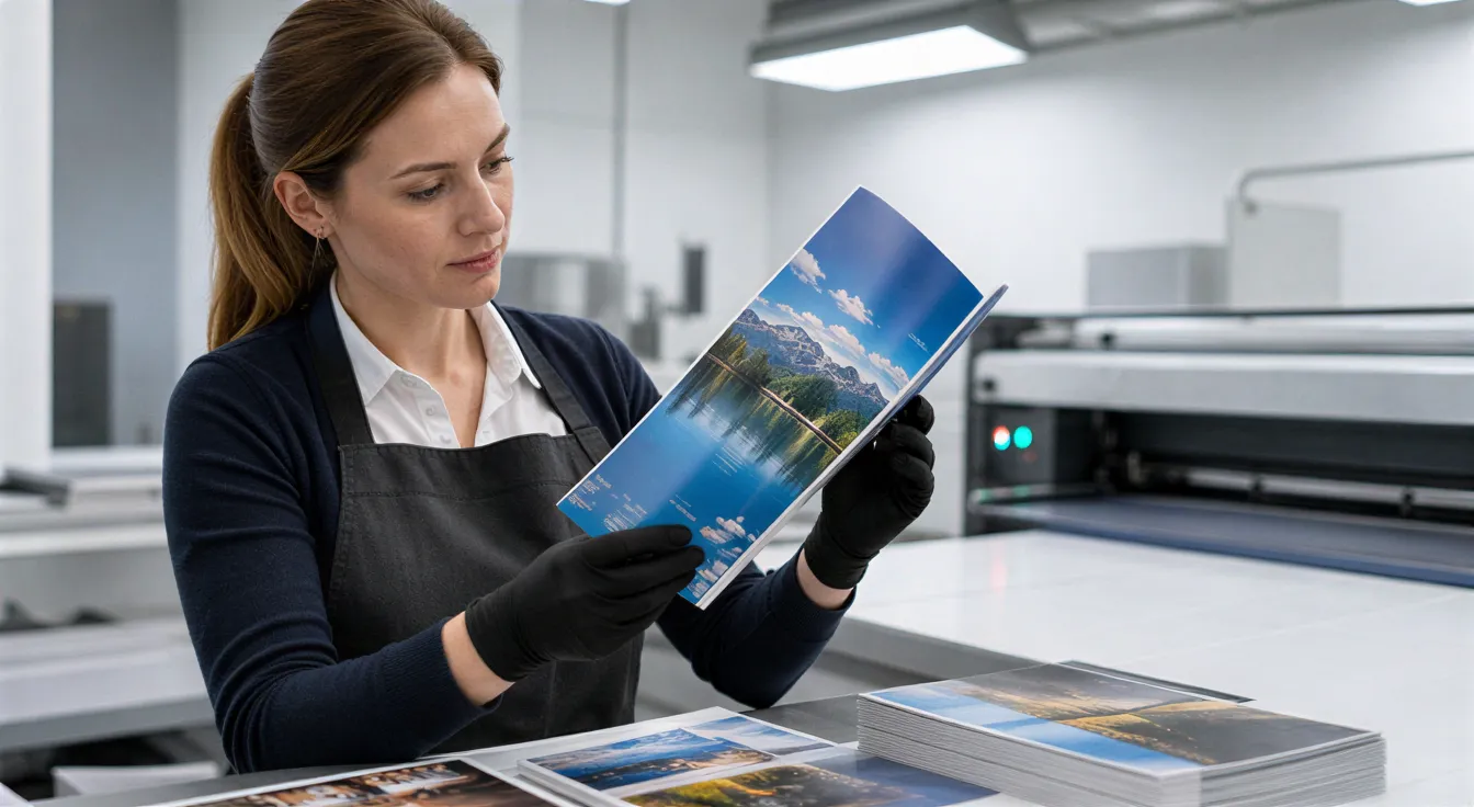 Eine Drucktechnikerin prüft konzentriert die Farben eines frisch gedruckten Hochglanz-Flyers in einer modernen Werkstatt.