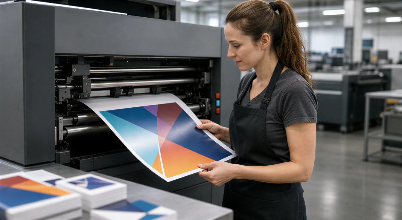 Eine Druckerin prüft sorgfältig einen frisch gedruckten Flyer an einer großen Digitaldruckmaschine.