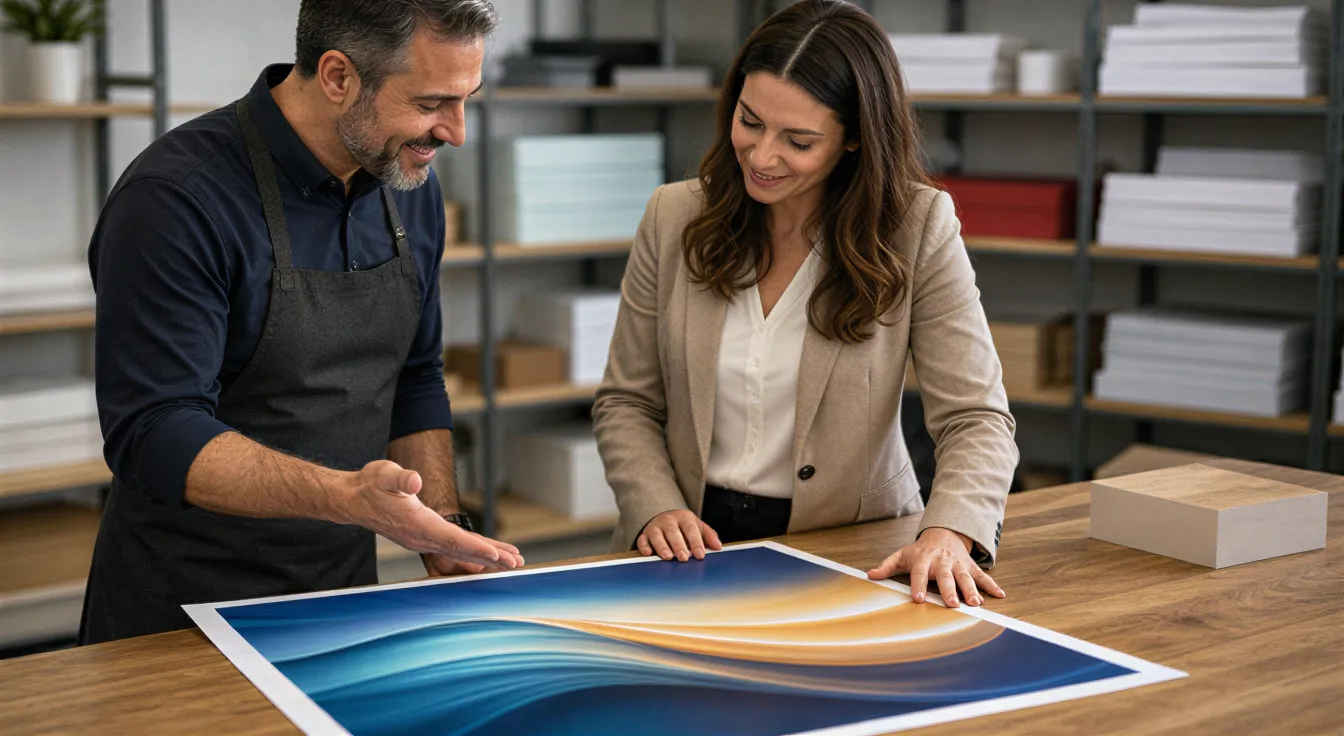 Ein Drucker und eine Kundin betrachten gemeinsam ein frisch gedrucktes A3-Poster auf einem Holztisch.