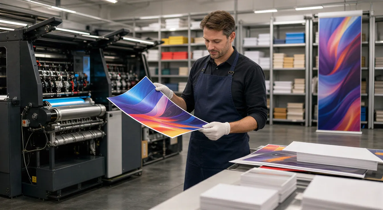 Ein Drucker in Schürze prüft ein farbenfrohes Flugblatt in einer modernen Druckerei mit großen Maschinen.