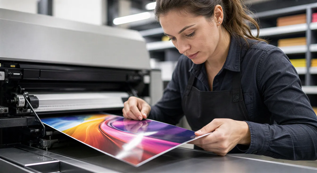 Eine Fachkraft prüft ein farbenfrohes, glänzendes Flugblatt an einer großen Digitaldruckmaschine in einer sauberen Werkstatt.