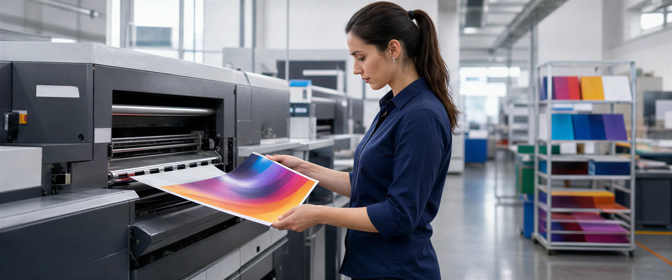 Eine Drucktechnikerin prüft eine hochglänzende Broschüre an einer modernen Druckmaschine in einer sauberen Werkstatt.