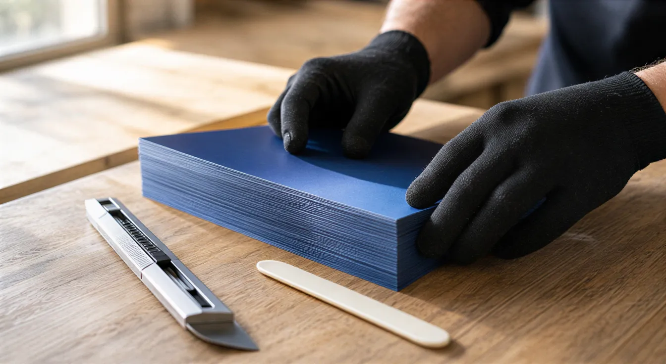 Hände in Handschuhen richten gestapeltes, tiefblaues Papier auf einer Werkbank neben Schneidewerkzeug aus.
