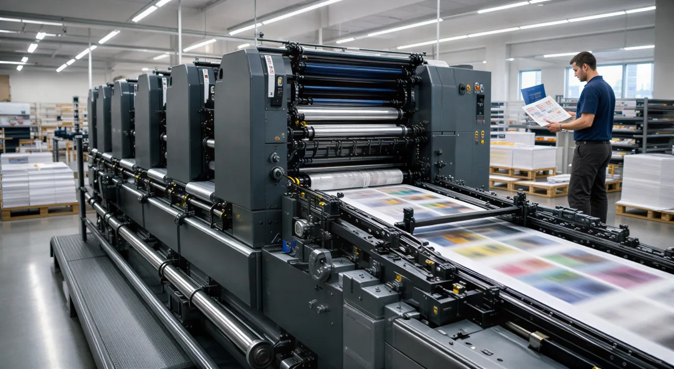 Eine moderne Offsetdruckmaschine läuft in einer geschäftigen Druckerei, während ein Techniker im Hintergrund Proben prüft.