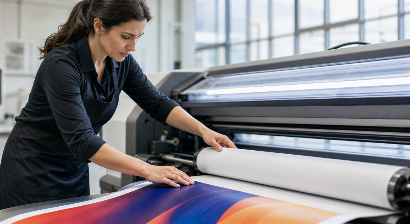 Eine Drucktechnikerin bedient konzentriert einen Großformatdrucker in einer hellen Druckerei.