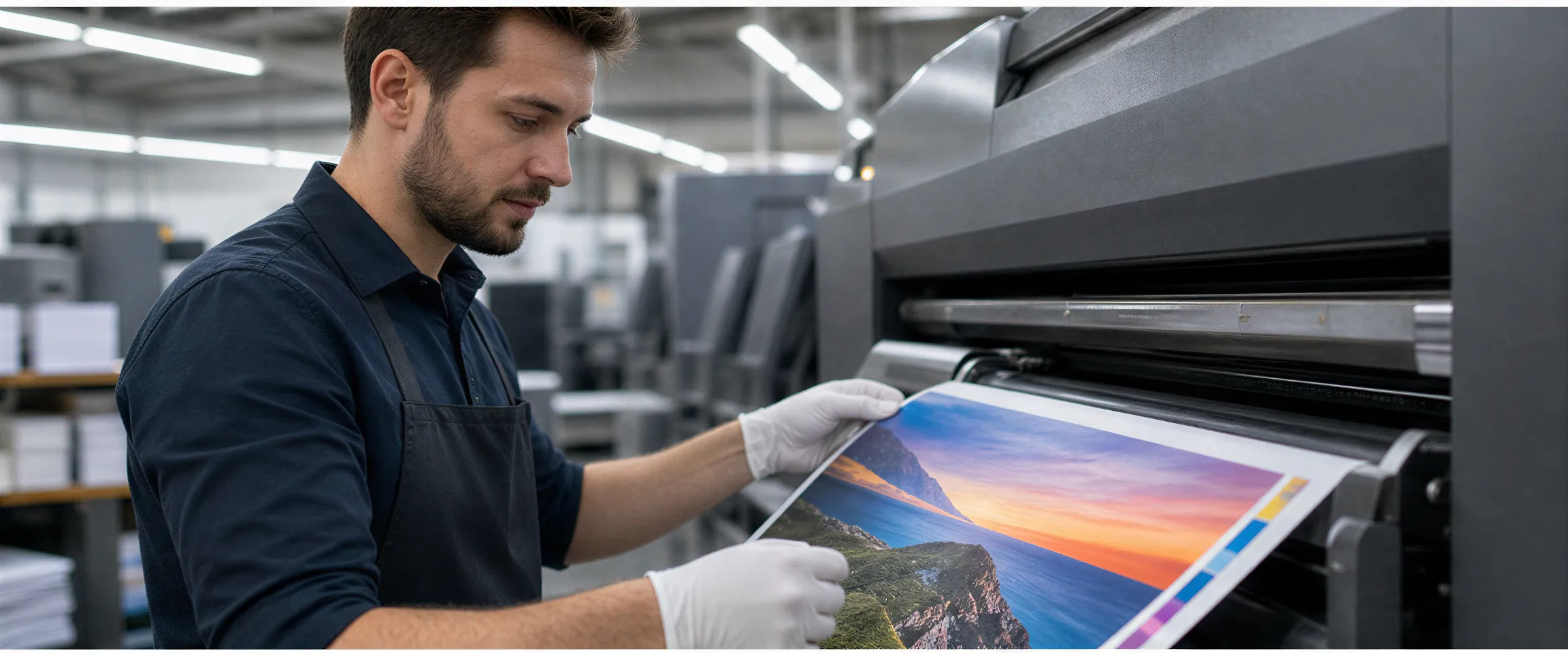 Ein Drucktechniker prüft sorgfältig eine frisch gedruckte Hochglanzbroschüre an einer großen Druckmaschine.