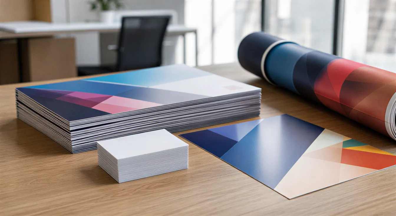 Frisch gedruckte Broschüren, Visitenkarten und ein Banner liegen ordentlich auf einem minimalistischen Schreibtisch.