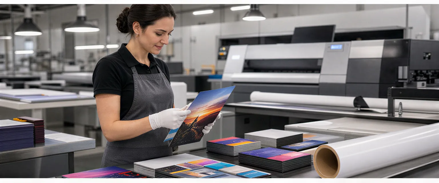 Eine Druckerin in einer modernen Druckerei prüft konzentriert eine frisch gedruckte Hochglanzbroschüre.