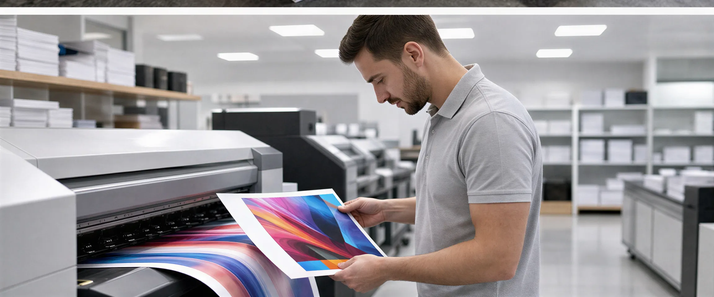 Ein Drucktechniker prüft einen glänzenden Flyer an einem großen Digitaldrucker in einer sauberen Werkstatt.