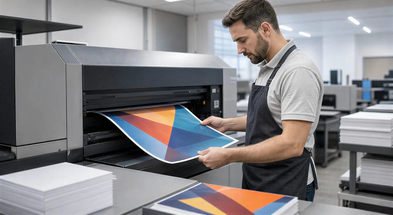 Ein Drucker in einer sauberen Werkstatt prüft sorgfältig einen frisch gedruckten, farbenfrohen Flyer mit geometrischem