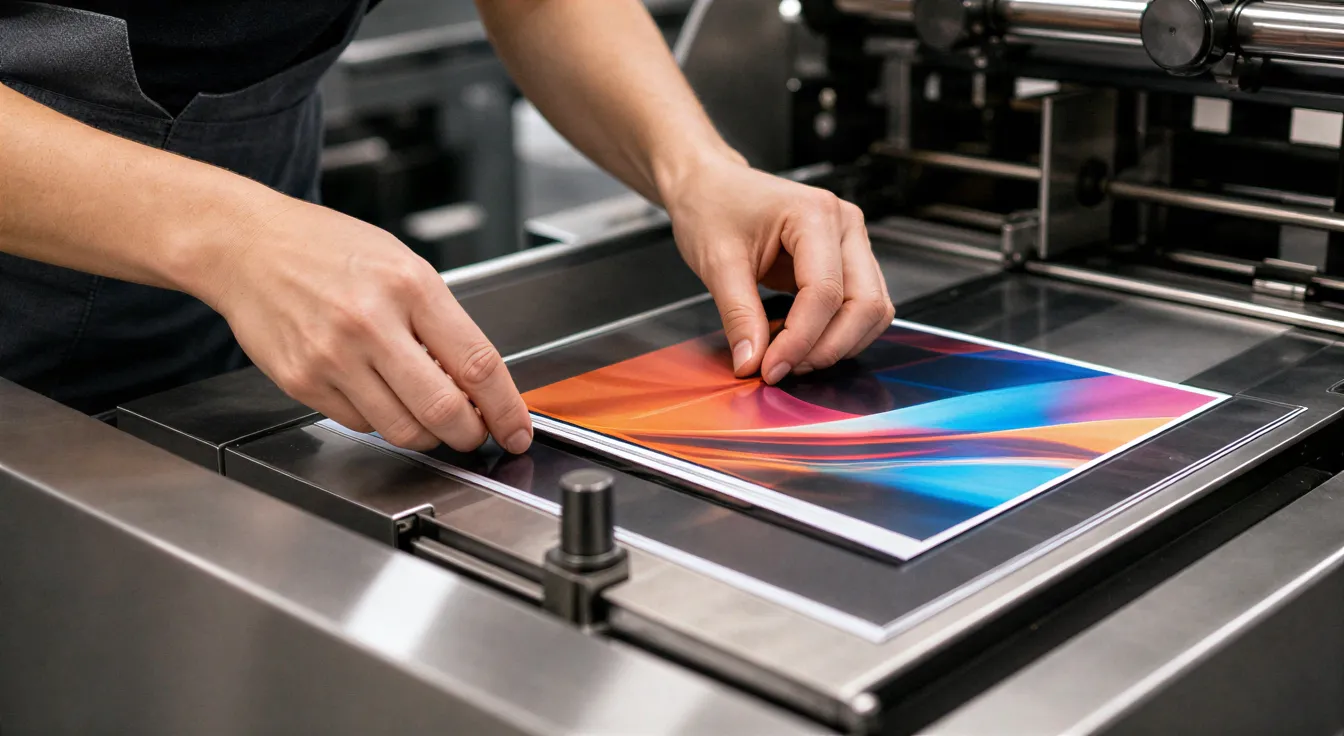 Ein Drucktechniker richtet einen farbenfrohen Flyer auf einer modernen Druckmaschine aus.