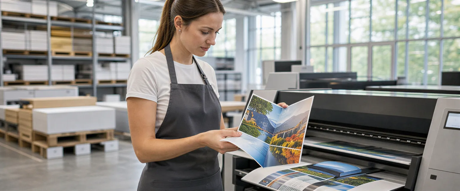 Eine Drucktechnikerin prüft eine farbenfrohe Broschüre an einer modernen Digitaldruckmaschine in einer sauberen Werkstatt.
