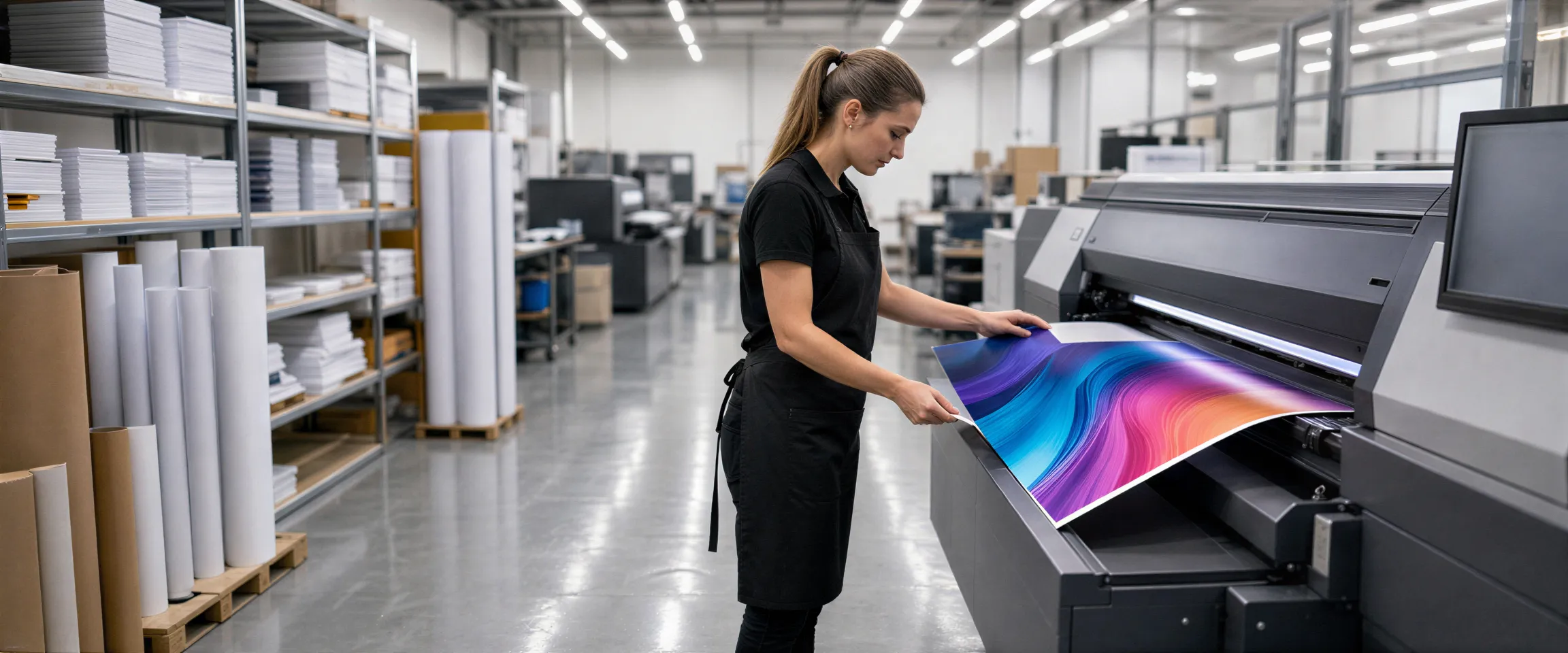 Eine Druckerin in schwarzer Schürze prüft ein glänzendes Flugblatt an einer modernen Druckmaschine in einer Werkstatt.