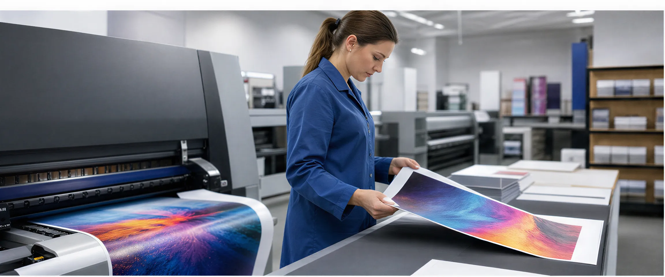 Eine Drucktechnikerin prüft ein farbenfrohes Flugblatt an einem modernen Großformatdrucker in einer sauberen Druckerei.