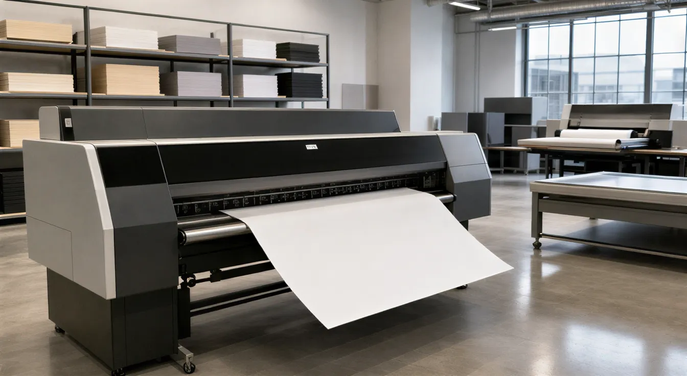 Eine moderne Druckmaschine gibt ein großes Blatt weißen Karton aus, im Hintergrund sind Regale mit Papierstapeln zu sehen.