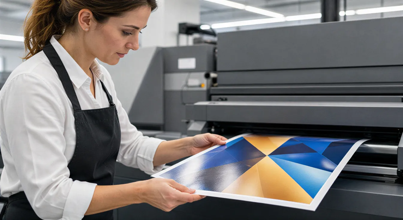 Eine Drucktechnikerin prüft sorgfältig einen frisch gedruckten Flyer an einer Großformat-Digitaldruckmaschine.