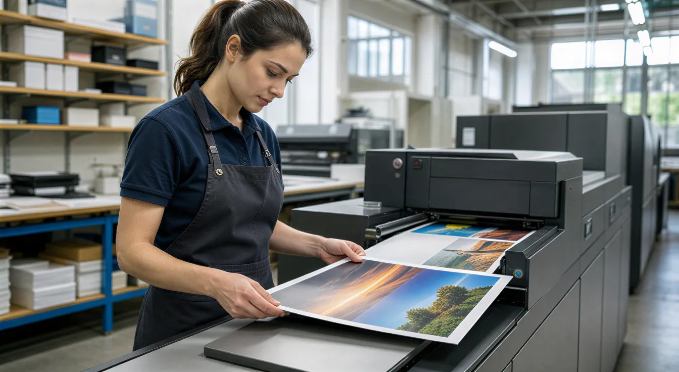 Eine Drucktechnikerin prüft ein farbiges, glänzendes Faltblatt an einem digitalen Druckgerät in einer Werkstatt.