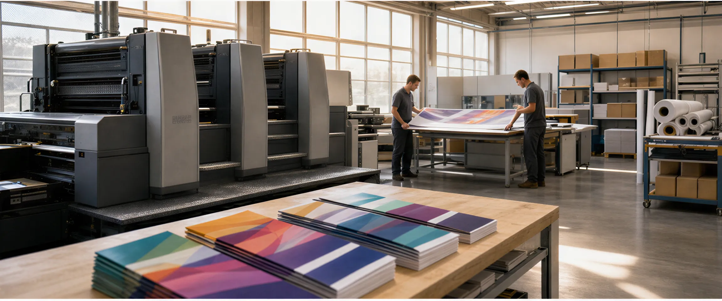Eine moderne Druckwerkstatt mit einer glänzenden Druckmaschine und Technikern, die eine Großformat-Banner prüfen.