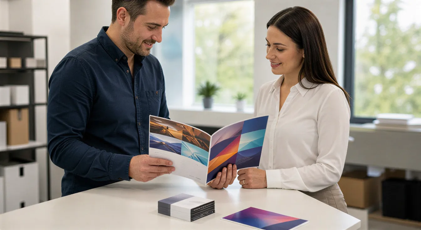 Ein Mann und eine Frau in einem Büro betrachten gemeinsam eine farbige Broschüre auf einem modernen Tisch.