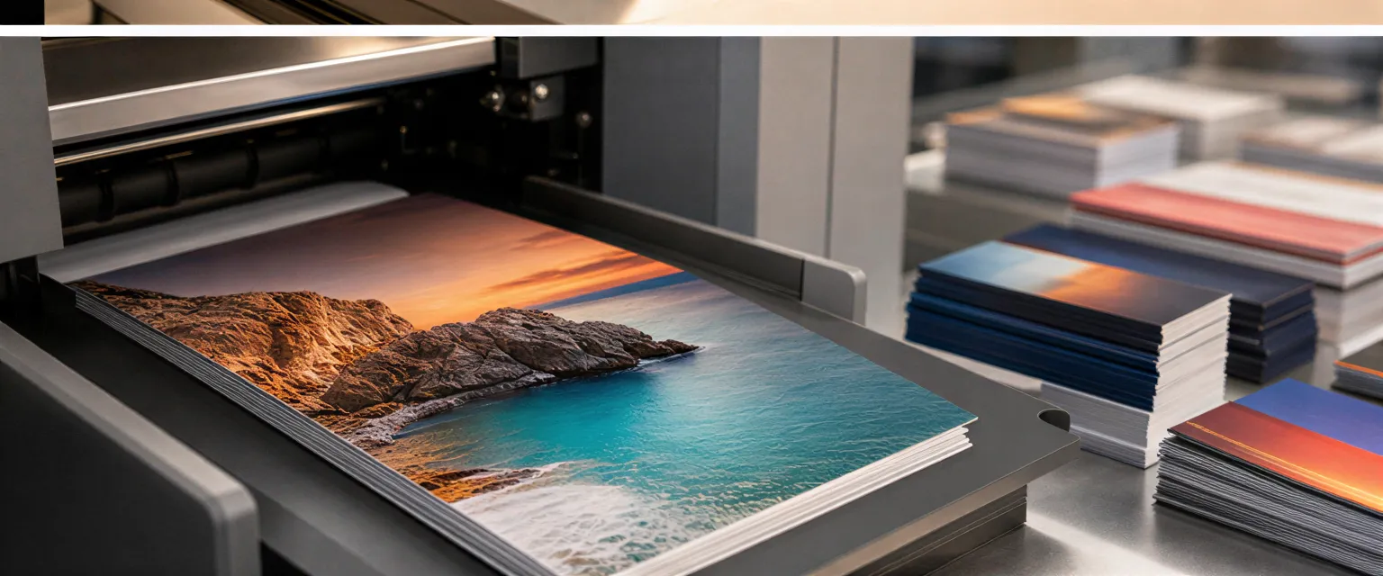 Eine farbenfrohe Broschüre wird aus einem modernen Digitaldrucker in einer sauberen Druckerei ausgegeben.