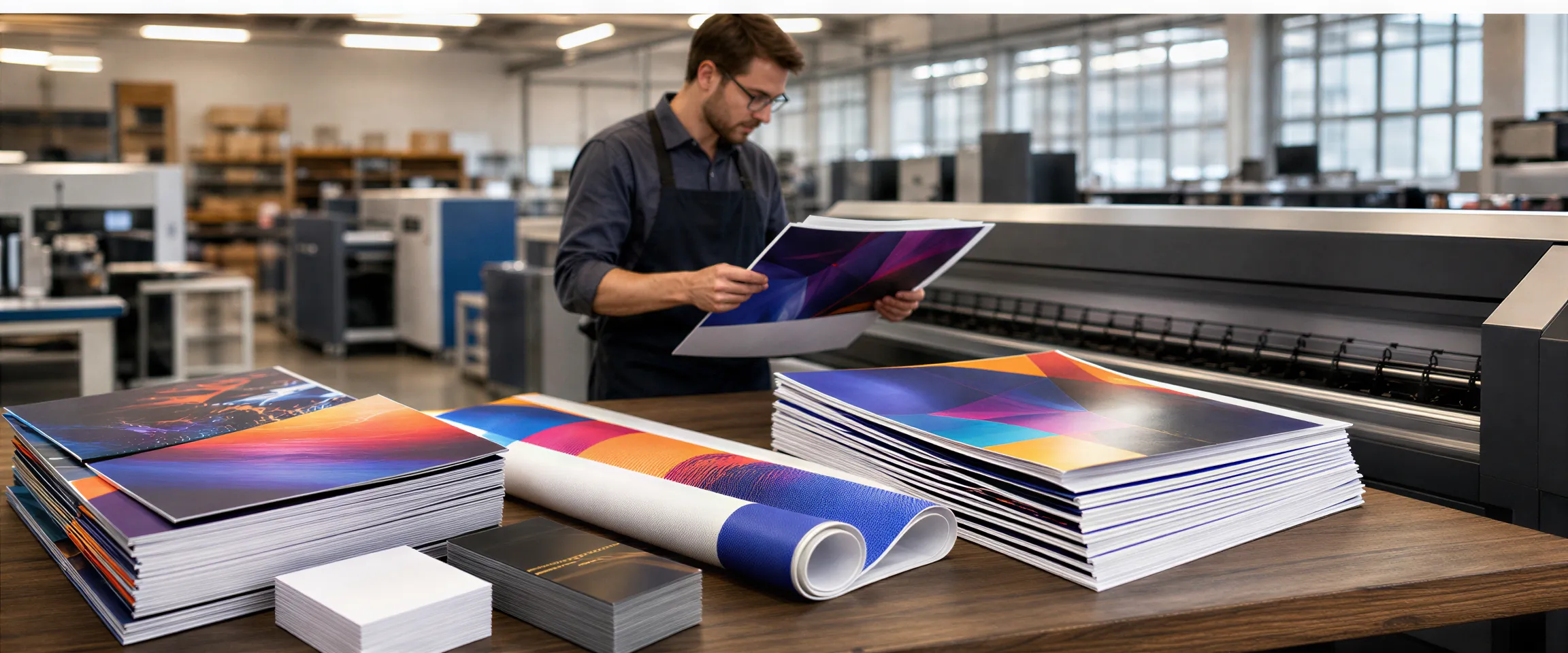 Ein Drucker prüft eine farbenfrohe Broschüre an einer Digitalpresse, umgeben von gestapelten Druckerzeugnissen.