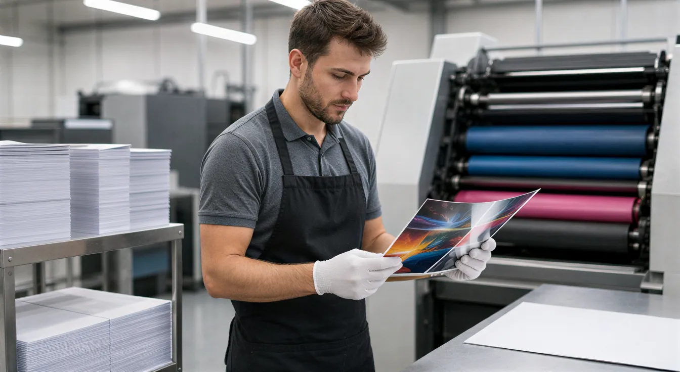 Ein Drucker in einer modernen Druckerei prüft sorgfältig einen frisch gedruckten Flyer mit Handschuhen.