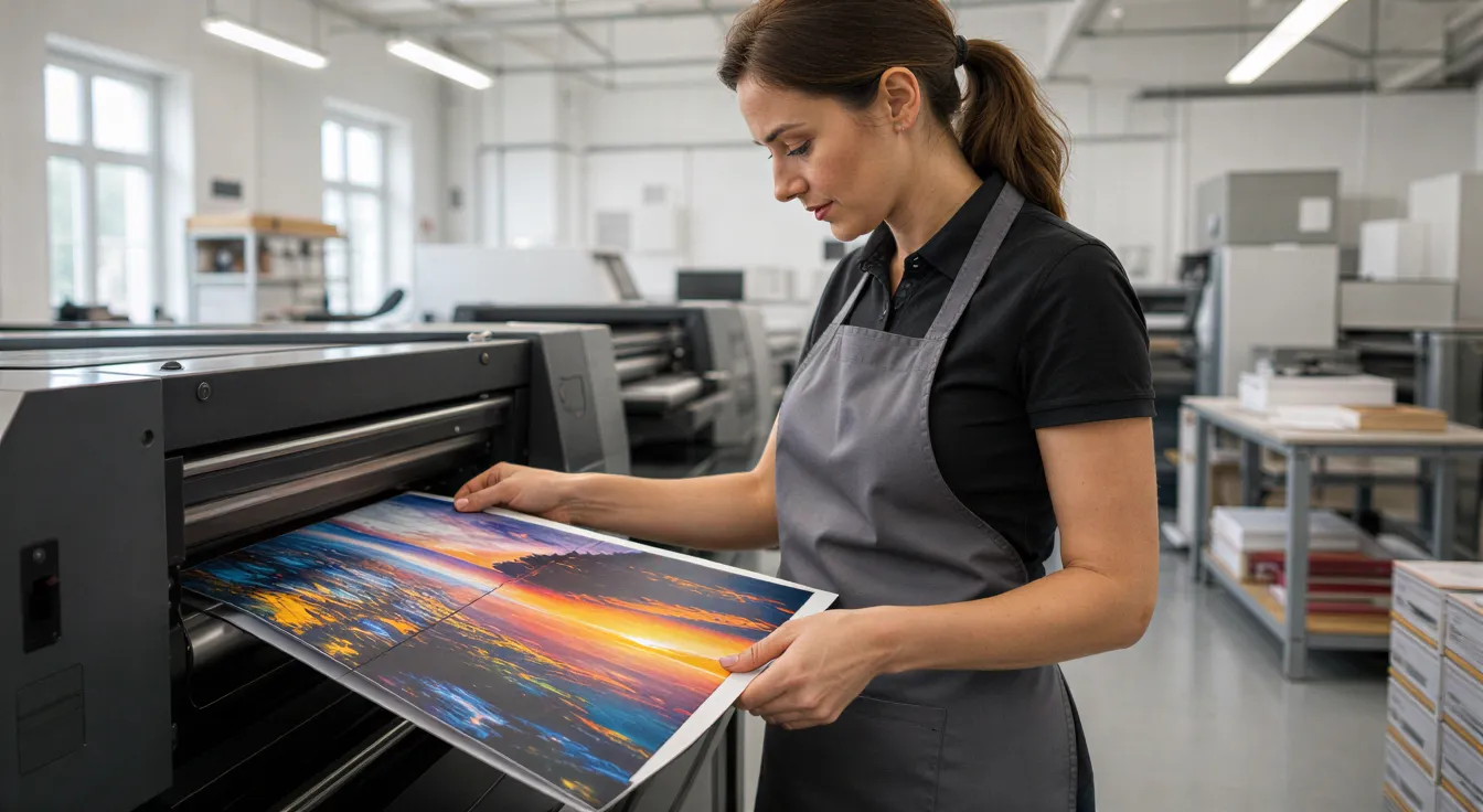 Eine Drucktechnikerin in einer grauen Schürze prüft eine farbenfrohe Broschüre an einer modernen Druckmaschine in einer