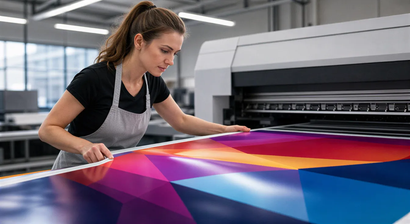 Eine Fachkraft in einer modernen Druckerei prüft ein frisch gedrucktes, farbenfrohes Banner an einer großen Maschine.