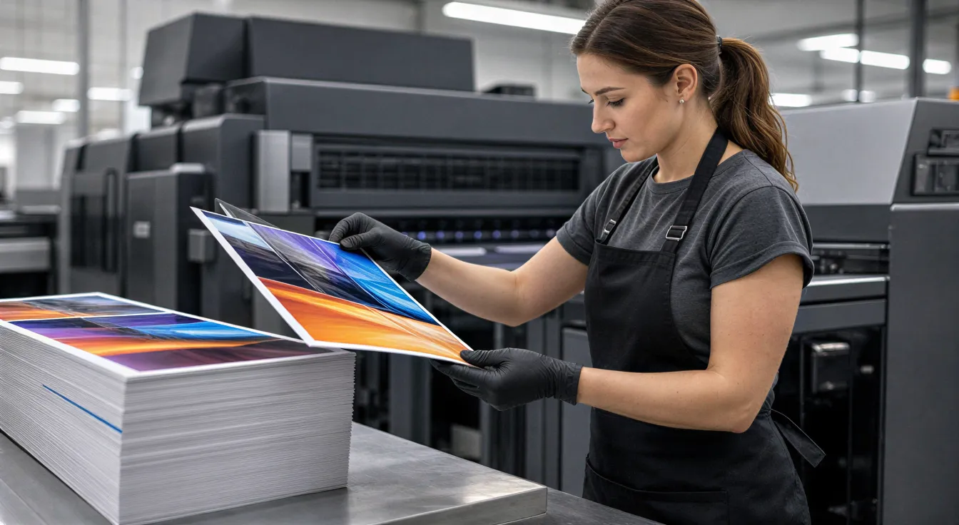 Eine Druckerin in einer modernen Druckerei prüft konzentriert eine farbenfrohe Broschüre an einer großen Druckmaschine.