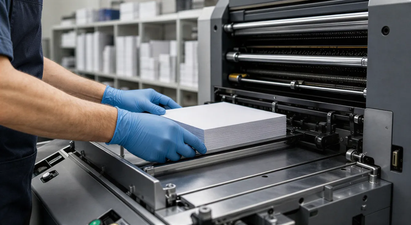 Ein Drucker in blauen Handschuhen richtet weiße Kartonbögen auf einer modernen Offsetdruckmaschine aus.