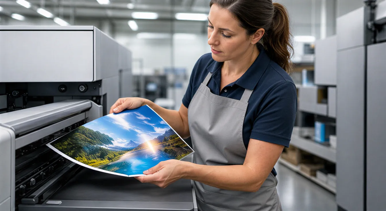 Eine Fachfrau prüft ein frisch gedrucktes, farbenfrohes Broschürenblatt an einer modernen Digitaldruckmaschine.
