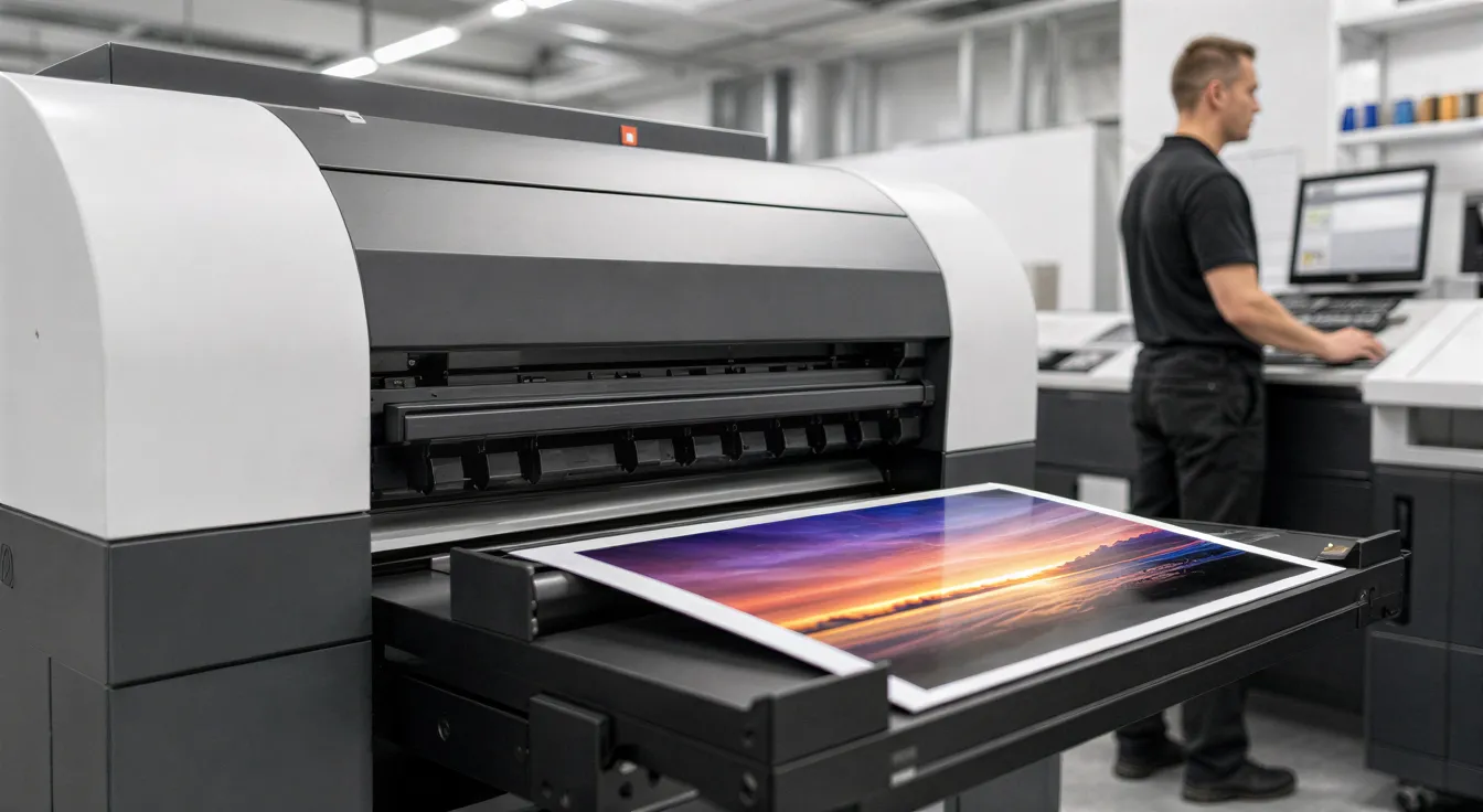 Eine moderne Digitaldruckmaschine mit einem frisch gedruckten Flyer im Vordergrund, ein Techniker im Hintergrund.
