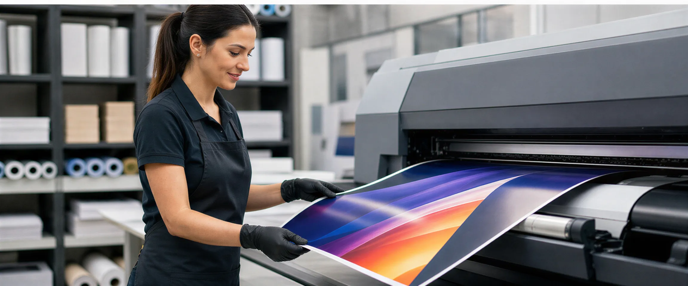 Eine Drucktechnikerin in einer Schürze prüft ein farbenfrohes Flugblatt an einer großen Digitaldruckmaschine.