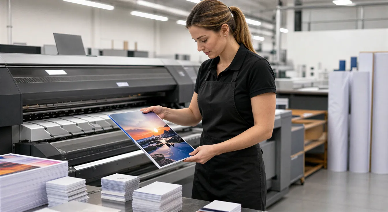 Eine Drucktechnikerin in schwarzer Schürze prüft ein hochglänzendes Broschürenblatt in einer modernen Druckerei.