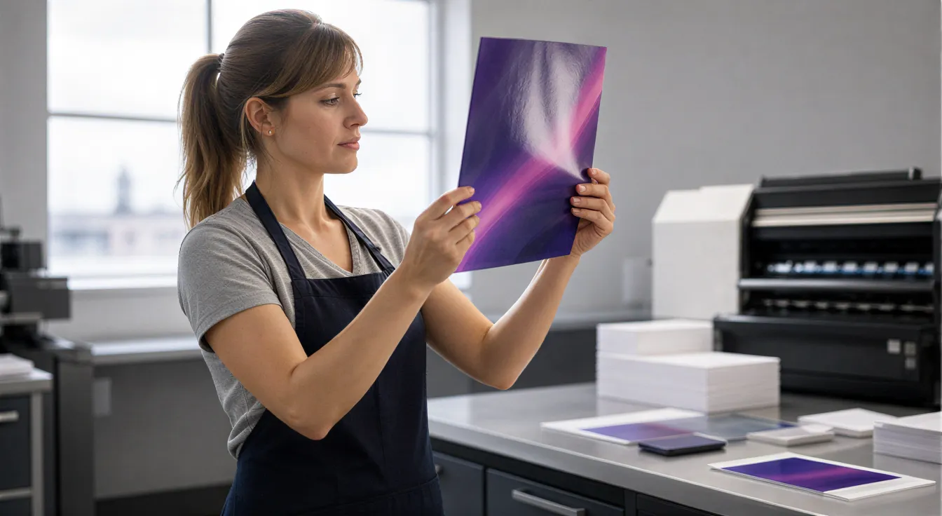 Eine Druckerin prüft sorgfältig ein frisch gedrucktes, glänzendes Flugblatt im Tageslicht ihrer Werkstatt.