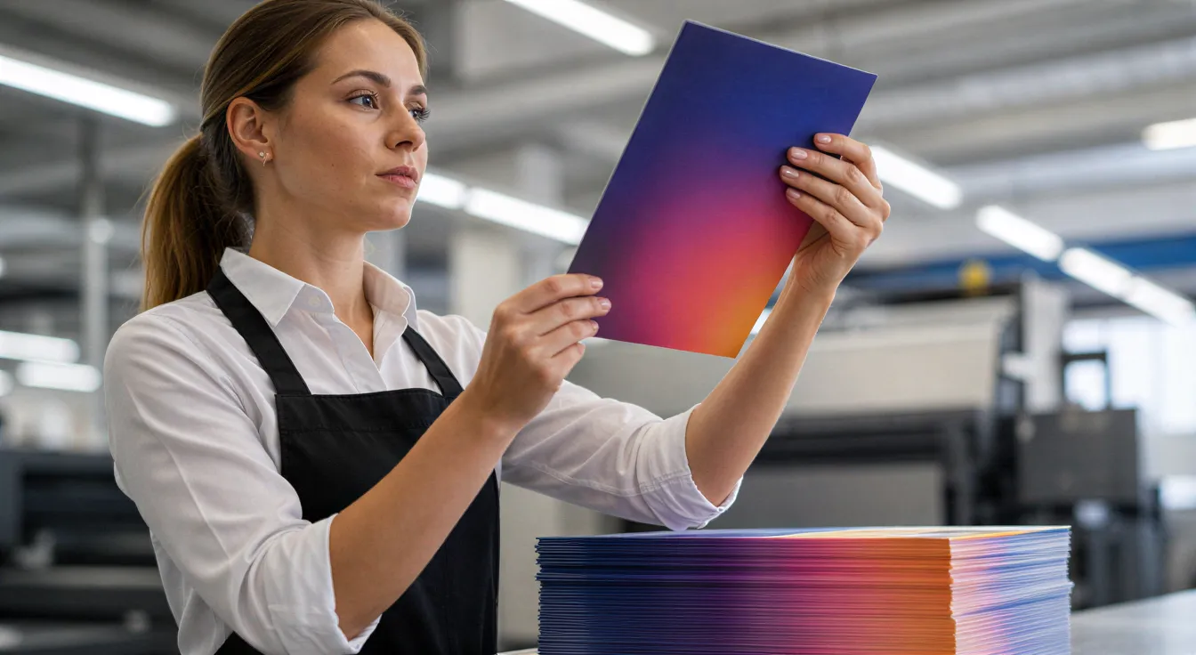 Eine Fachkraft prüft sorgfältig die Druckqualität eines farbigen Flyers in einer sauberen Druckerei.