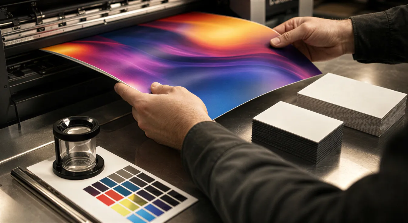 Die Hände eines Druckers prüfen ein frisch gedrucktes, glänzendes Flugblatt an einer modernen Offsetdruckmaschine.