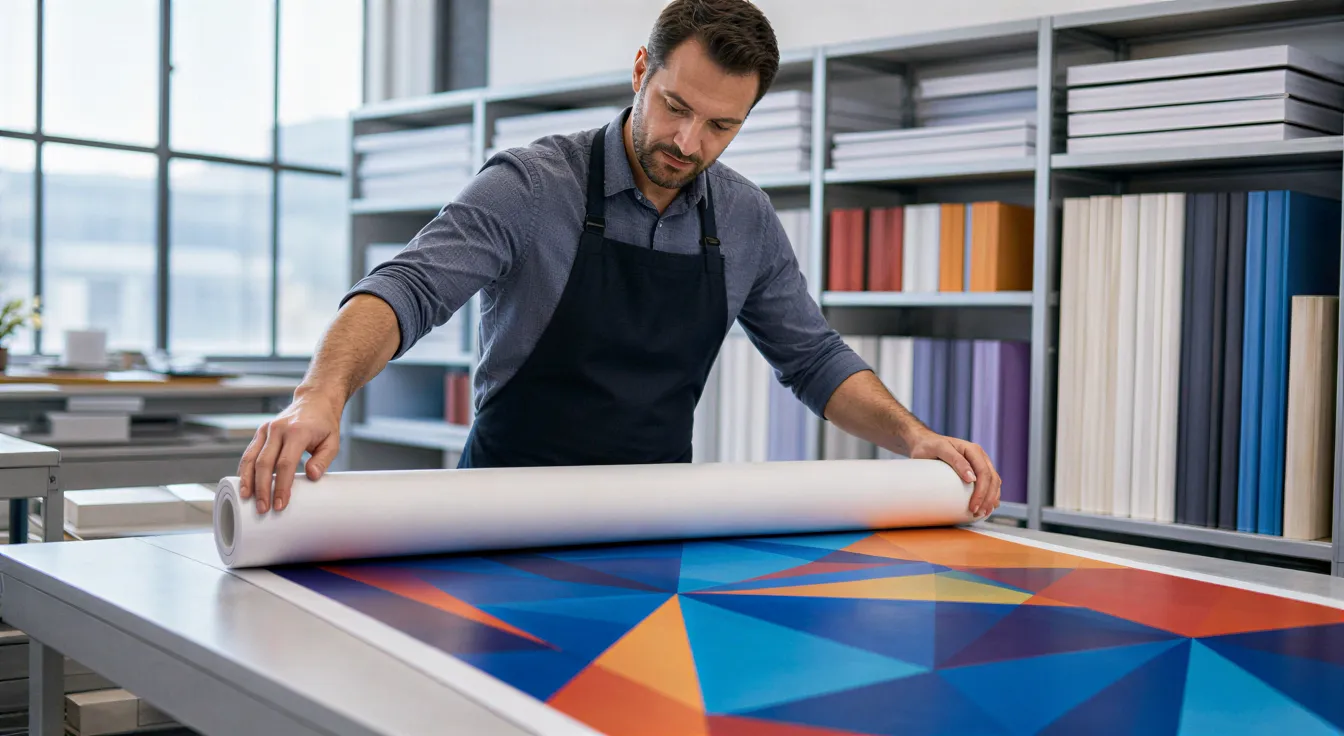 Ein Techniker rollt ein großes Banner mit abstrakten geometrischen Mustern an einem sauberen Druckfertigungsarbeitsplatz.