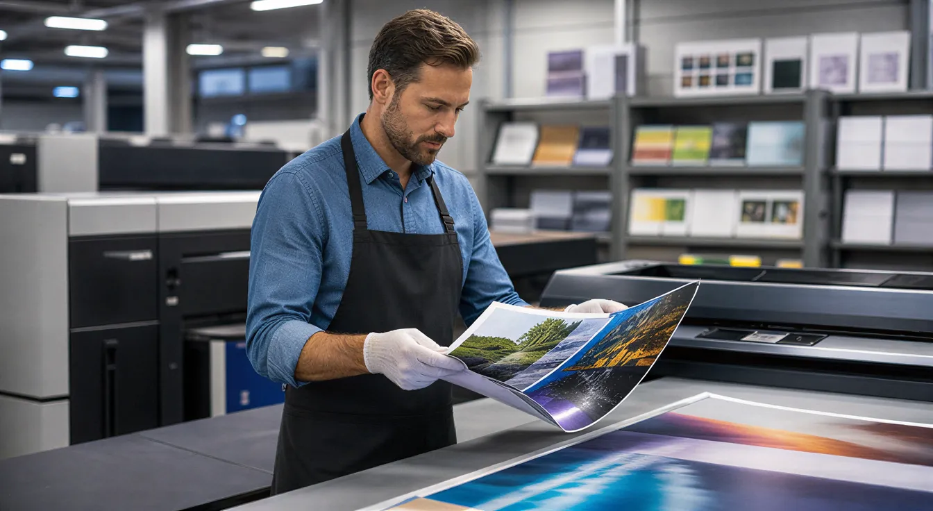 Ein Drucktechniker prüft eine Hochglanzbroschüre an einer professionellen Druckmaschine in einer sauberen Werkstatt.