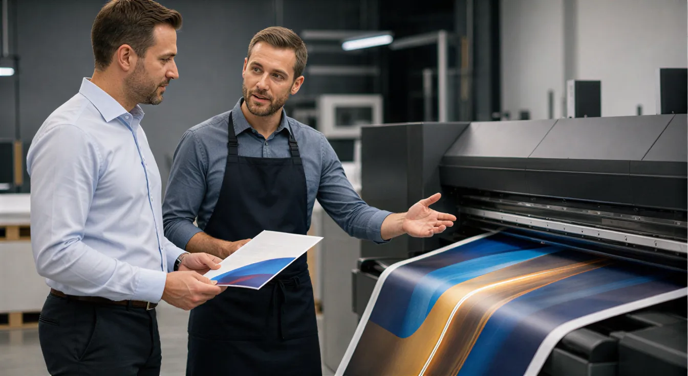 Ein Druckereispezialist erklärt einem Kunden eine große Druckmaschine, während eine bunte Bannerbahn ausgerollt wird.