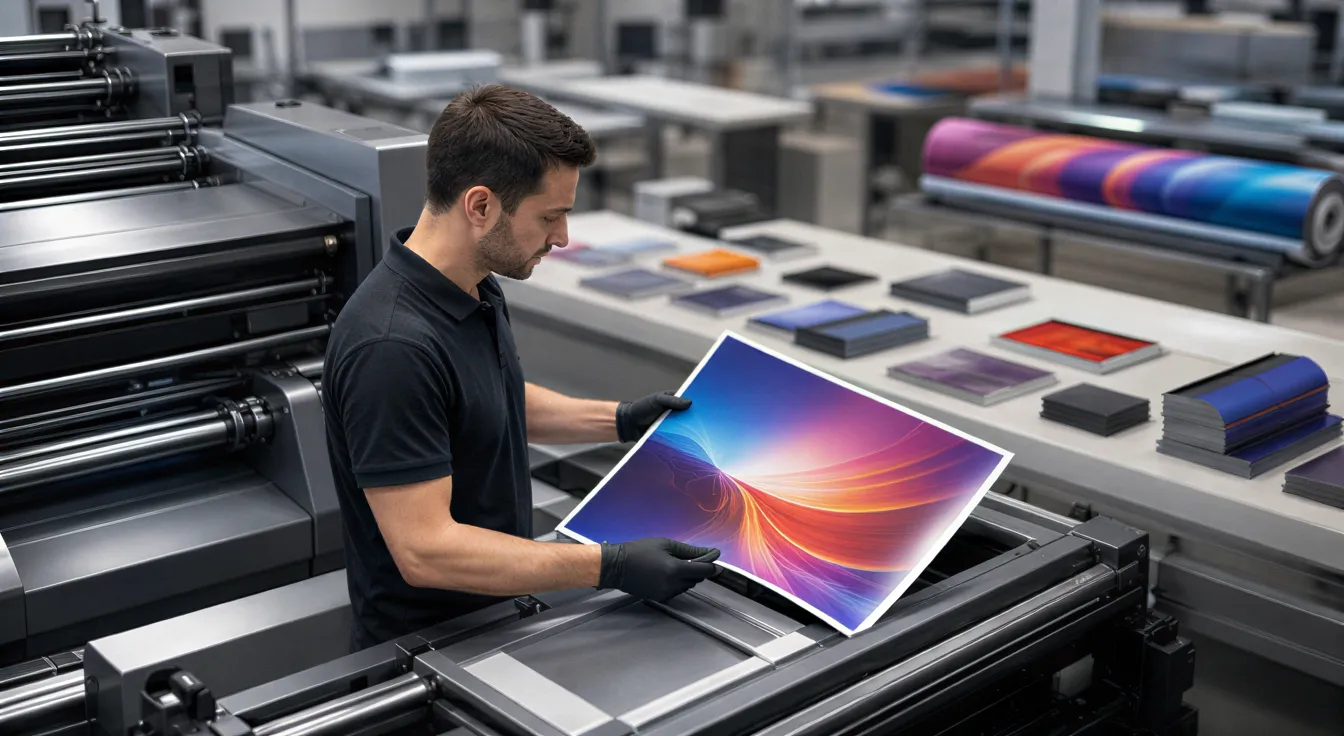 Ein Arbeiter prüft ein glänzendes Flugblatt an einer großen Industriedruckmaschine in einer modernen Druckerei.