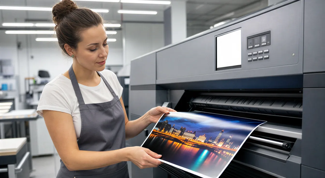 Eine Drucktechnikerin prüft sorgfältig einen frisch gedruckten Flyer an einer digitalen Druckmaschine.