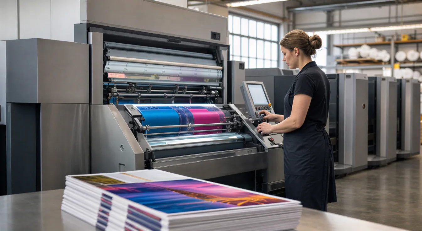 Eine Technikerin überwacht eine große Druckmaschine in einer sauberen Druckerei in Stuttgart.