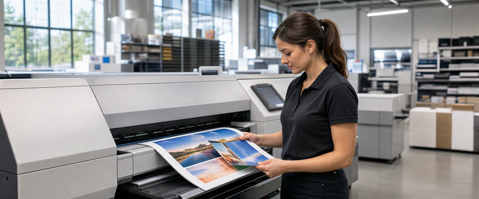 Eine Drucktechnikerin prüft eine farbenfrohe Broschüre an einer modernen Großformatdruckmaschine in einer Werkshalle.
