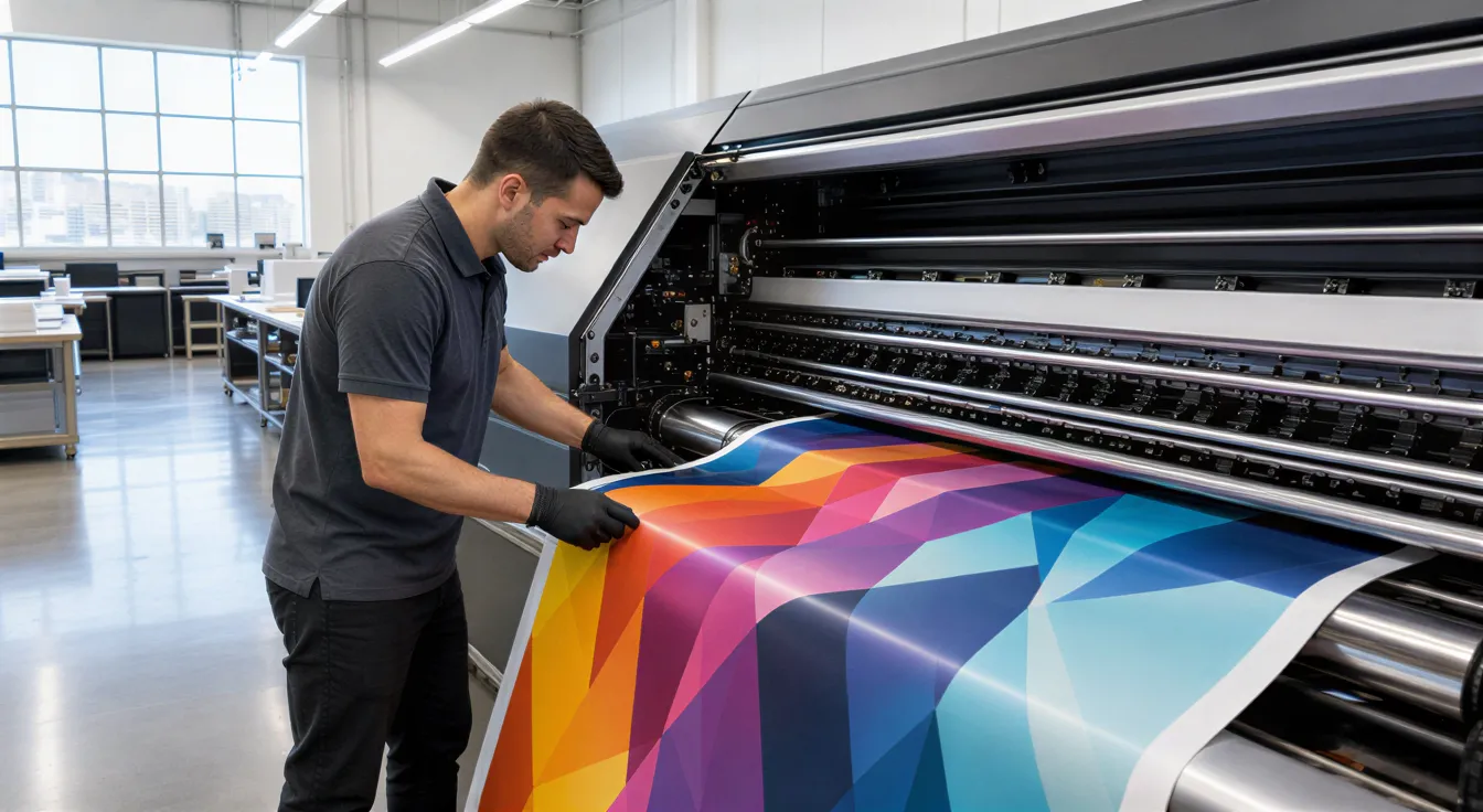 Ein Arbeiter prüft ein farbenfrohes Banner an einer großen Digitaldruckmaschine in einer hellen Werkstatt.