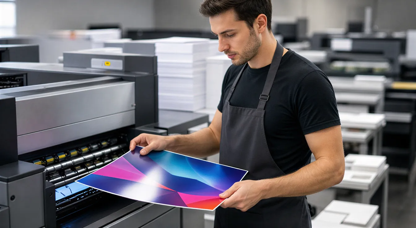 Ein Drucker in einer modernen Druckerei prüft sorgfältig einen frisch gedruckten Flyer mit lebhaften Farbverläufen.