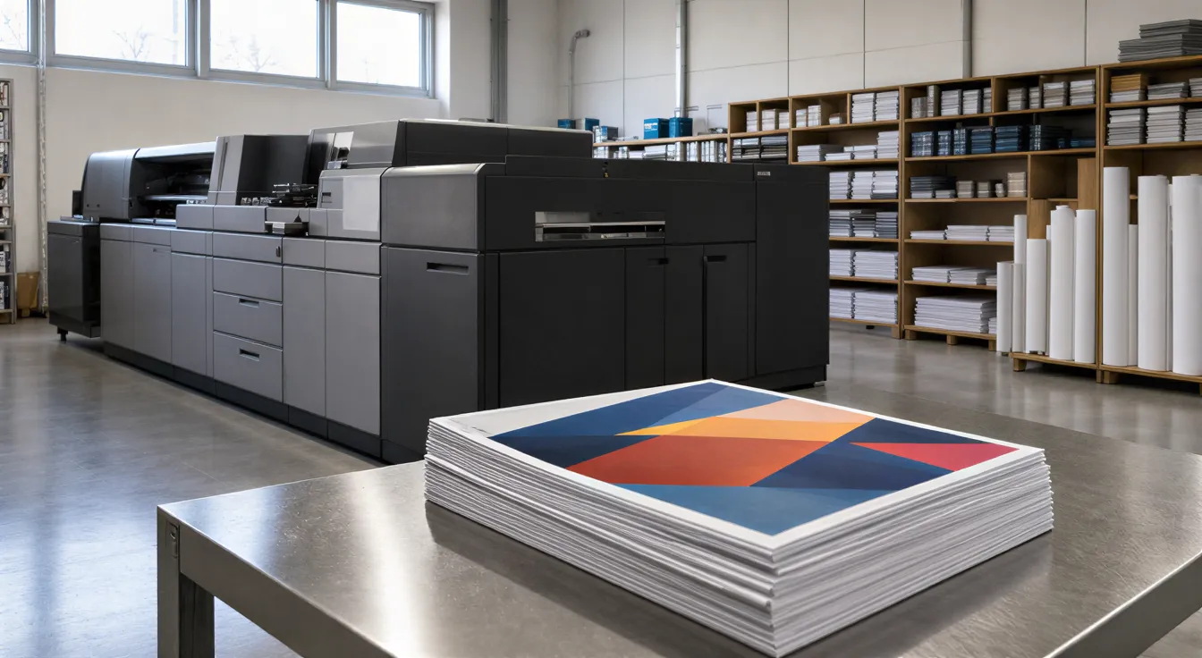 Eine moderne Druckerei mit einer großen Digitaldruckmaschine und einem Stapel frisch gedruckter Flyer auf einem Tisch.