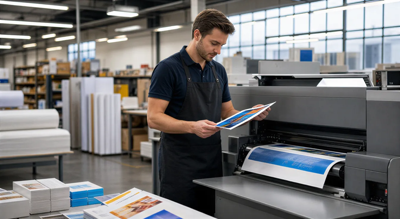 Ein Techniker prüft eine farbenfrohe Broschüre an einer Industriedruckmaschine in einer modernen Druckerei.