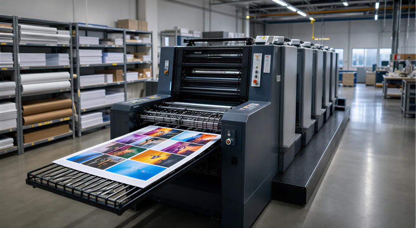 Eine moderne Druckmaschine in einer sauberen Werkstatt mit farbigen Flyern auf dem Ausgabetisch.