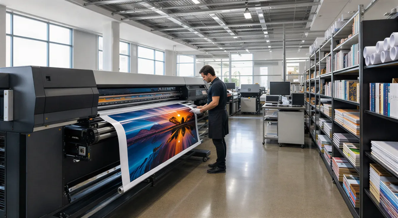 Ein Techniker prüft einen großen Digitaldrucker in einer hellen, aufgeräumten Druckerei mit Papierrollen im Hintergrund.